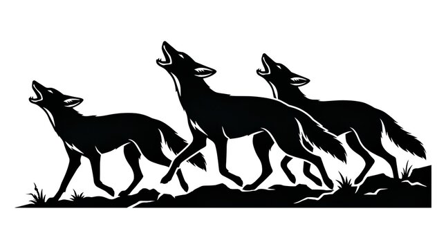 Wolf pack silhouettes howling in landscape.