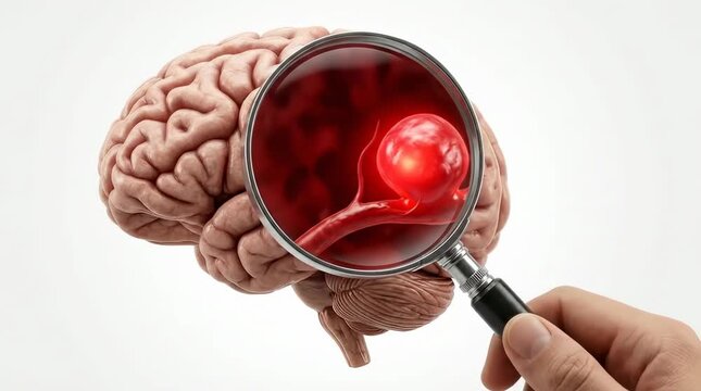 Magnifying glass revealing a brain aneurysm