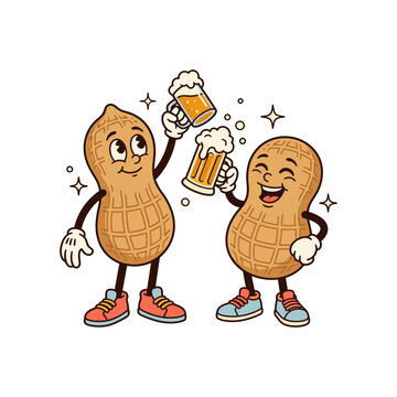 Two happy cartoon peanuts with arms and legs toasting with mugs of frothy beer, depicted in a vintage mascot style with sparkles.