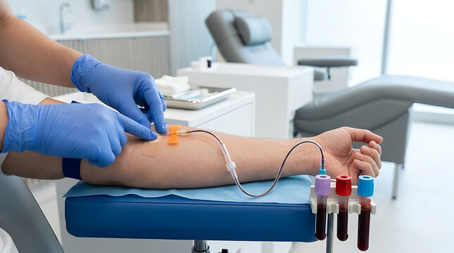 medical blood sampling procedure for lab testing in clinical environment with healthcare professional drawing blood from patient