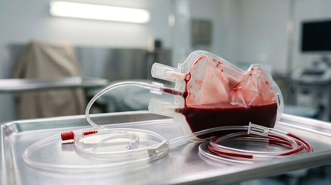 Medical blood bag transfusion setup in a clinical environment with equipment and sterile conditions for blood donation and