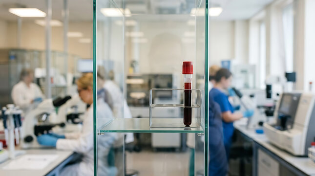 laboratory scene showcasing scientific research and medical professionals working with test samples in a clinical environment