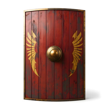 Ancient roman rectangular wooden shield with gold metal details and handle boss