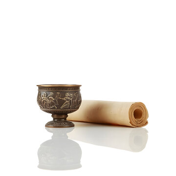 Ancient metal chalice with a decorative scroll on a surface
