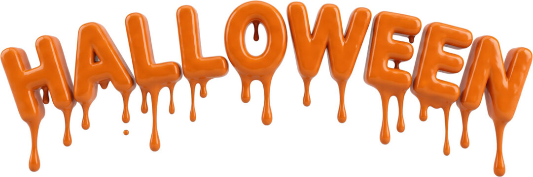 Glossy orange Halloween text lettering with dripping slime effect resembling melted caramel or chocolate liquid flowing down from uppercase typography letters forming holiday banner sign