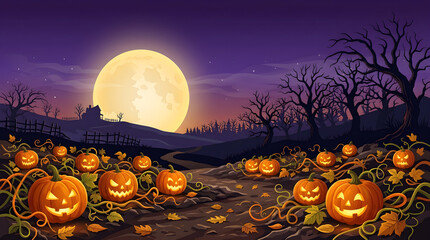 Fototapeta premium Spooky Halloween pumpkin patch at twilight with glowing jack-o-lanterns under a full moon illustration