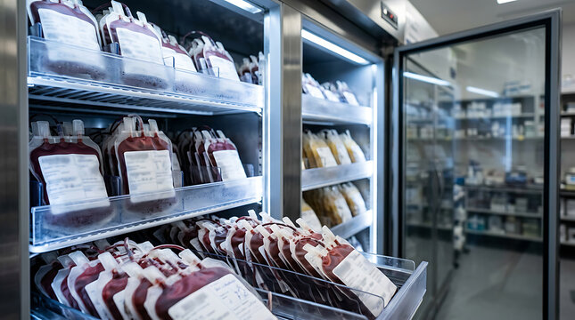 Automated refrigerated storage units stocked with various blood bags in a medical laboratory setting