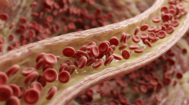 Close-up view of human blood vessels filled with red blood cells highlighting blood flow and circulation processes in