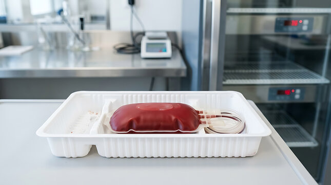 Medical blood bag with transfusion fluid placed in sterile tray on clinical laboratory table
