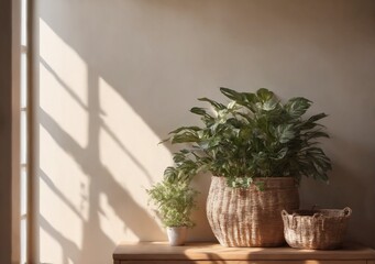 Fototapeta premium Potted plant with dramatic shadow on sunlit wall