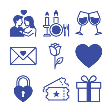 Blue line icons representing love, celebration, and romance themes