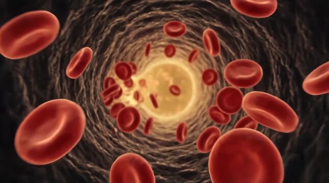 Red blood cells flowing through artery with plaque buildup