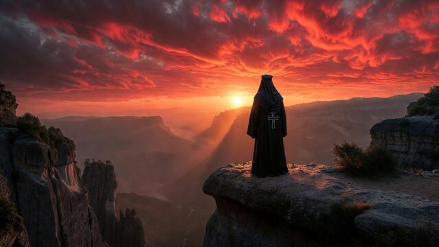 A contemplative Orthodox monk in black robes stands on a rocky cliff, gazing at a dramatic sunset with vibrant red and orange skies over distant mountain ranges, evoking peace and solitude.