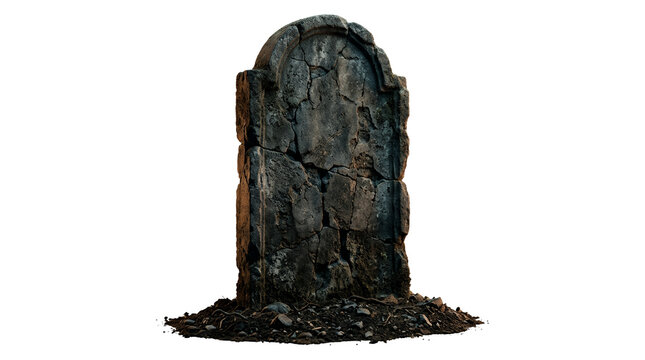 Spooky old weathered tombstone with moss and cracks isolated on white background.