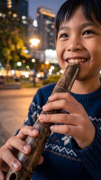 Happy Southeast Asian Boy Playing Traditional Japanese Shakuhachi