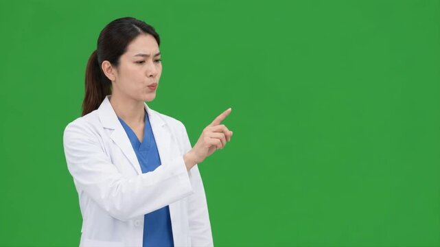 Female healthcare professional reviewing imaginary virtual medical data against a clean green screen background for digital health and medical technology concepts.