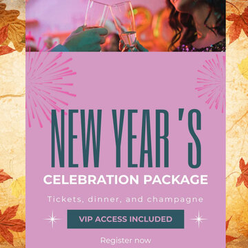New Year Eve Party Invitation Card Design with Champagne Glasses and Autumn Leaf Border
