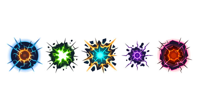 Vibrant magic explosion effects, 5 colorful energy blast icons. Stylized fantasy power burst vector set for game UI and combat animation.