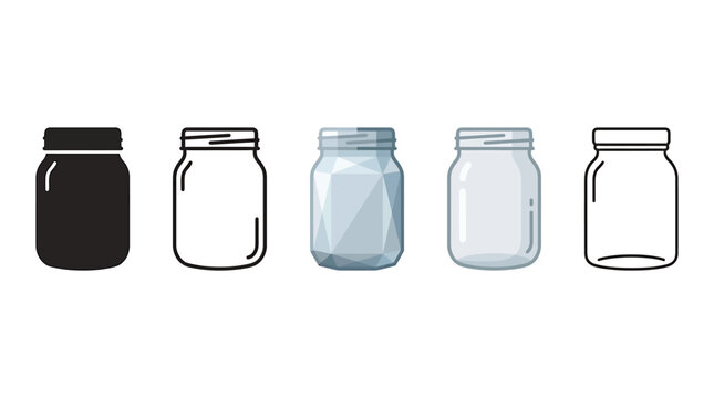 Mason jar vector icon set, glass canning jar collection in flat and line styles, 5 kitchen storage container illustrations