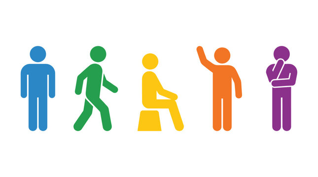 Colorful human pictograms in various poses, flat vector people icons set, diverse stick figure characters for infographics