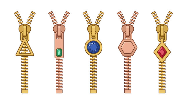 Luxury gold and rose gold zipper set, 5 decorative metal zip fasteners with gemstones, elegant jewelry fashion hardware vectors