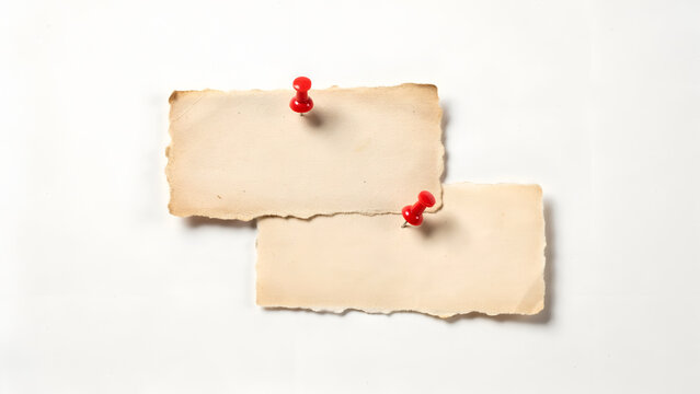 Two blank aged paper scraps with torn edges pinned with red thumbtacks isolated on white background