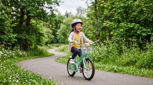Cute East Asian girl riding bicycle in natural park