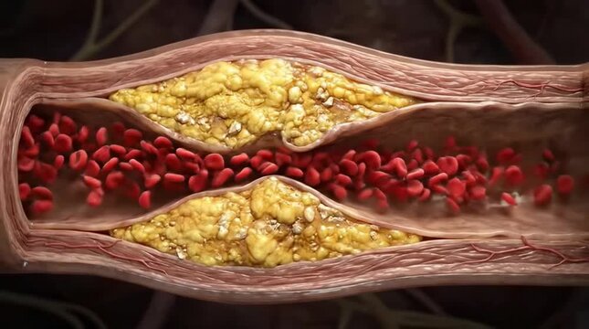 Red blood cells flowing through artery with plaque