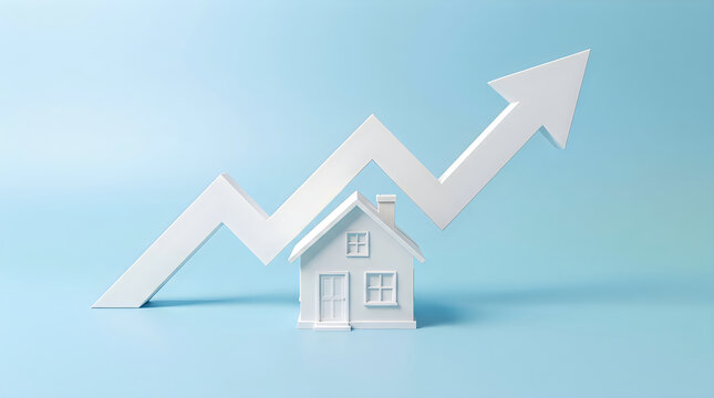 Paper house with rising arrow graph representing real estate market growth and investment