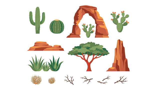 Desert landscape vector element collection with canyon rock arches green cactus agave plants and tumbleweeds