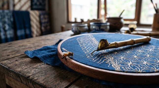 Embroidery hoop with blue fabric and golden needle on wooden