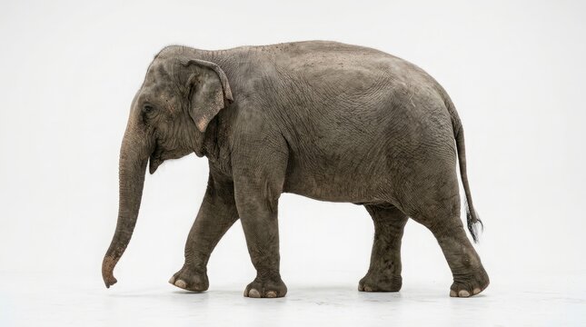 Side view of walking Asian Elephant isolated on white background.