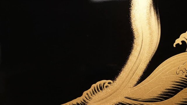 Undulating elegant golden wave lines and glowing light trails flowing across black background
