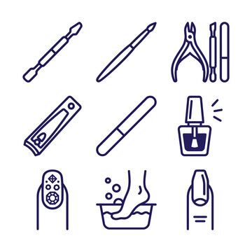 Minimal line icons of nail care tools and beauty accessories for manicure and pedicure services