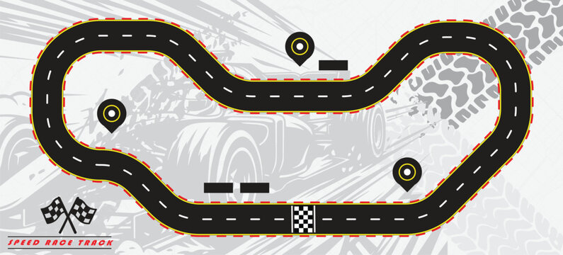 Speed Race Background. Race track in black color with tyre marks and city map on a white background.