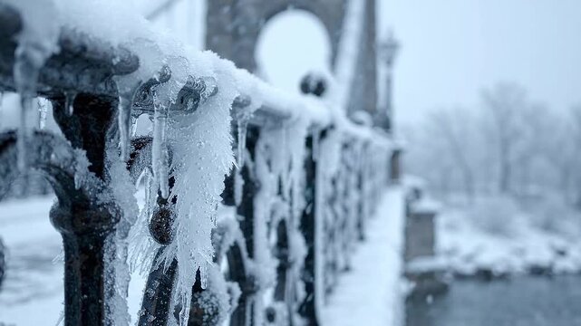 Macro Detail of Iron Bridge Railing Covered in Heavy Snow and Long Icicles During Freezing Winter