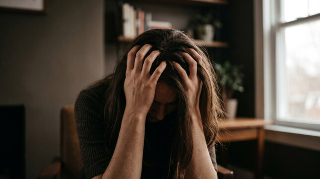 Stressed woman holding head in hands while sitting in dark room