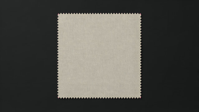 Closeup of a beige and grey textured fabric swatch with a zigzag cut edge, showcasing a woven linenlike pattern against a solid black background