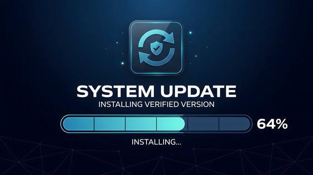 System update progress bar showing installation and file verification status on dark blue screen with software update computer upgrade loading screen technology process