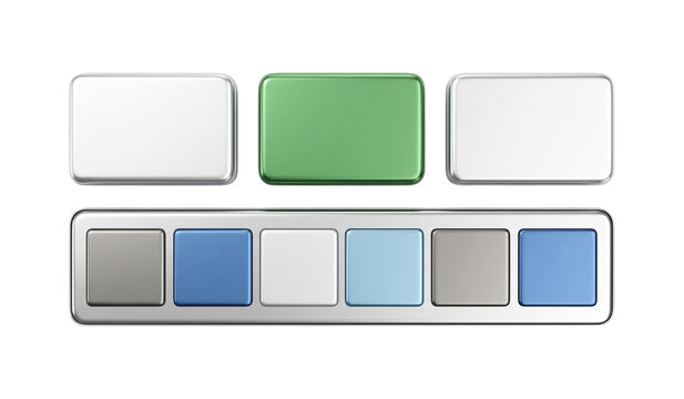 Set of blank ui buttons for user interface, green, blue, and gray colors, empty web design elements on transparent background.