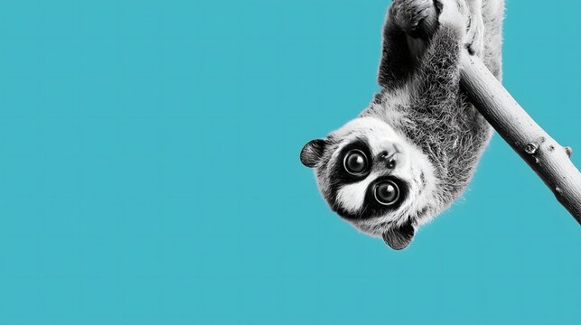 Slow loris hanging upside down on a turquoise background, cute and unique