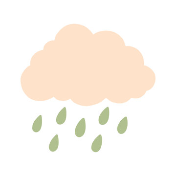 Cute pastel cloud with falling rain drops vector isolated on white. Perfect for weather forecast icons, autumn rainy day concepts, nursery decor prints, and seasonal storm graphics