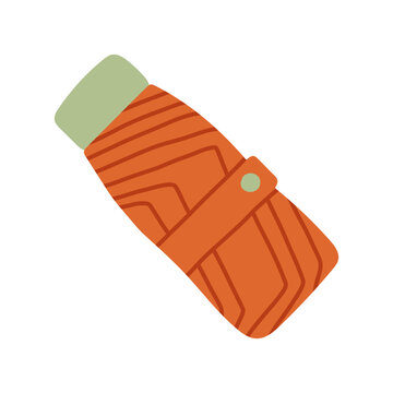 Compact closed orange folded umbrella vector isolated on white. Ideal for autumn rain gear graphics, portable weather protection icons, fall travel accessories, and seasonal promotional design