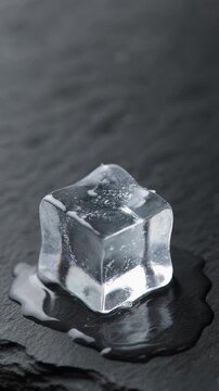 Square ice block dissolving under a stream of water on black textured stone