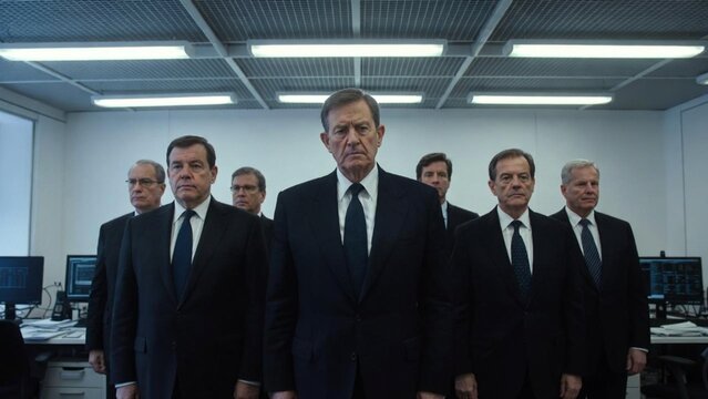 A group of eight serious-looking business professionals in modern suits standing in a minimalist office environment, displaying a sense of authority and determination, with computers in the background