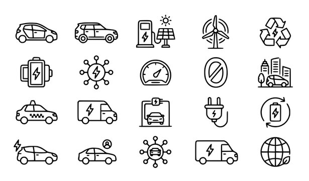 Sustainable Electric Mobility Line Icon Set with EV Cars Renewable Energy and Green Transport