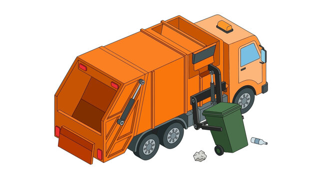 Isometric vector illustration of an orange garbage truck with a mechanical side loader picking up a green wheelie trash bin, featuring litter like a bottle and crumpled paper on white.
