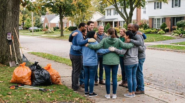 Diverse group of volunteers hugging in a suburban neighborhood after community cleanup
