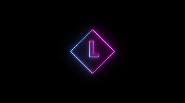 Glowing neon letter L inside a pink and blue diamond shape on a black background with subtle light effects and a sense of digital technology and modern Keywords: neon, letter, L, alphabet
