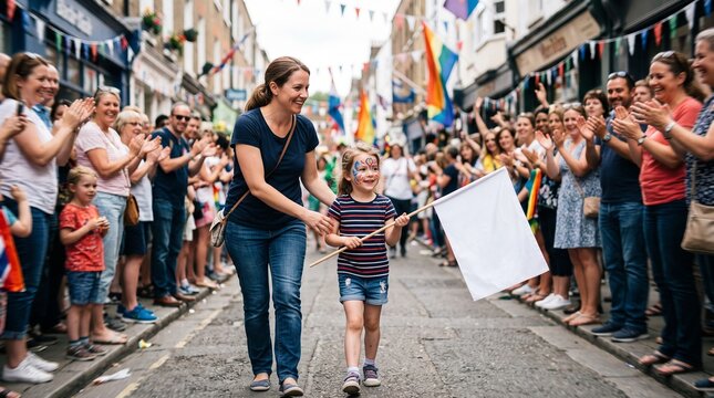 Mother and daughter with face paint walk in a parade holding a white flag